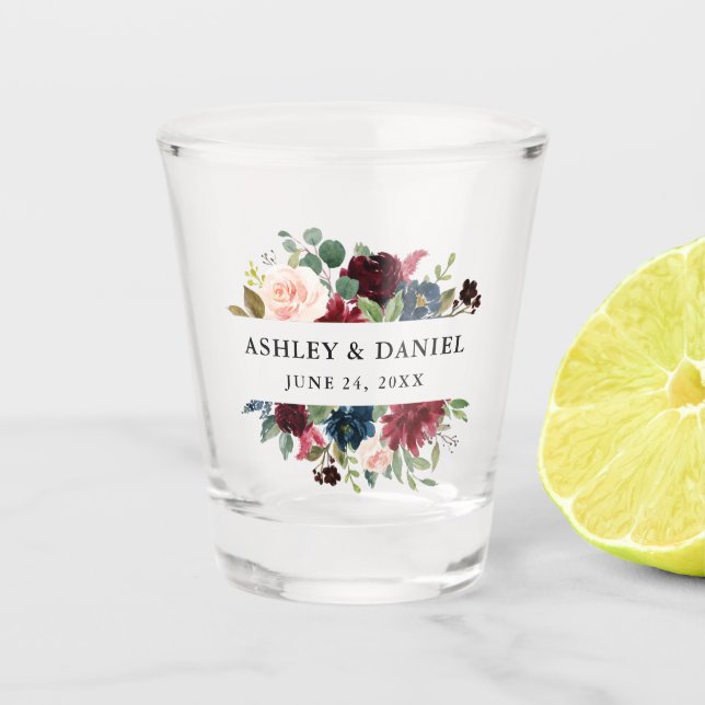 Vaso De Chupito Boda floral azul de Borgoña de la acuarela (Anverso)