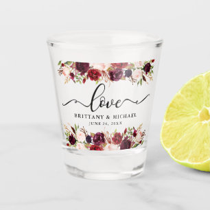 Vaso De Chupito Boda floral del amor de Borgoña de la caligrafía