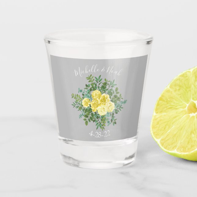 Vaso De Chupito Boda floral elegante amarillo y gris (Anverso)