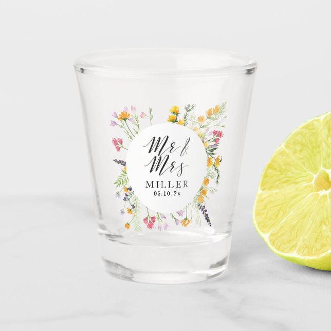 Vaso De Chupito Boda floral Sr. y Sra. Monogram Shot Vidrio Favor (Anverso)