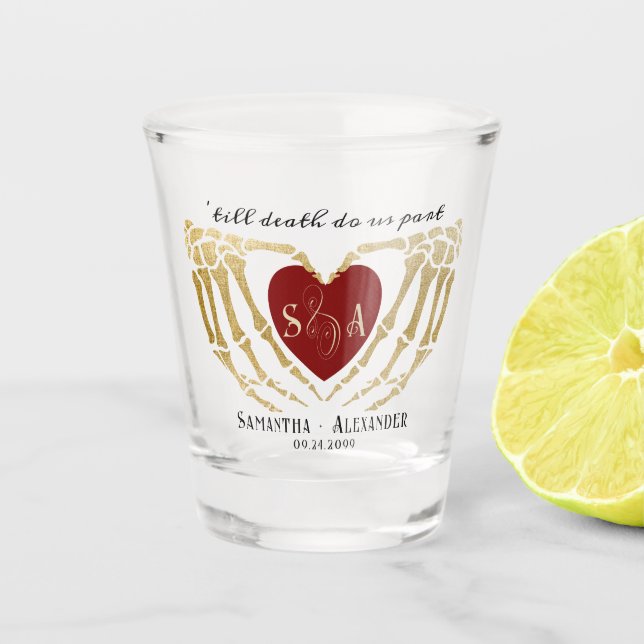 Vaso De Chupito Boda gótico negro Skeleton manos hasta la muerte (Anverso)