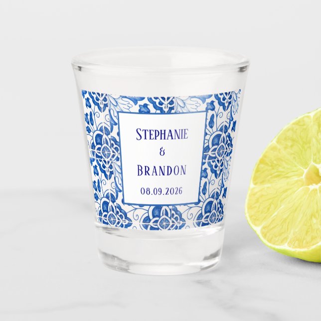 Vaso De Chupito Boda mediterráneo azul de azulejos portugueses (Anverso)