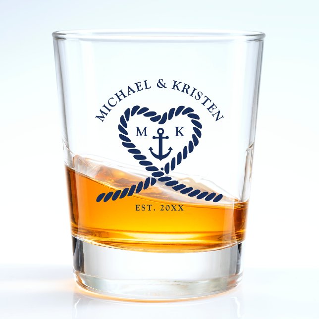 Vaso De Chupito Boda Monograma del Ancla del Corazón Azul Náutico (Nautical Blue Rope Heart Anchor Monogram Wedding Shot Glass)