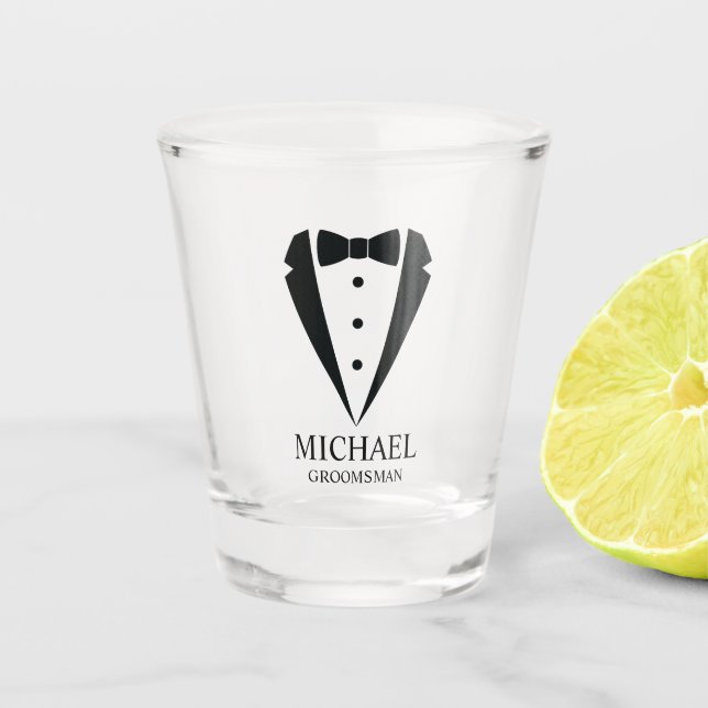 Vaso De Chupito Boda negro Tuxedo Suit Groomsmen personalizado (Anverso)