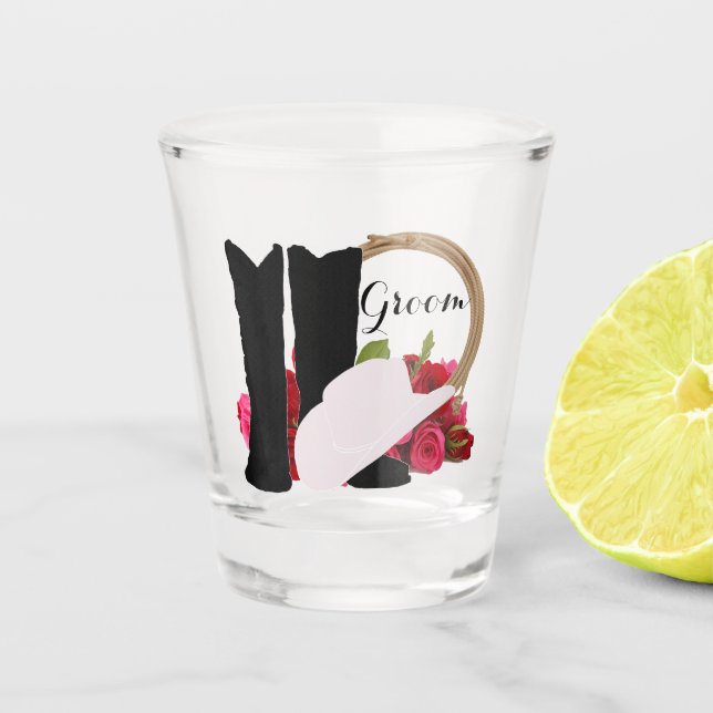 Vaso De Chupito Boda occidental: Vaquero bota a Rosas Gorras Groom (Anverso)