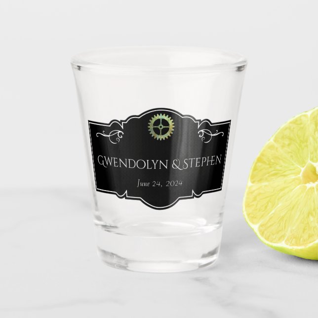 Vaso De Chupito Boda vinícola Steampunk personalizada (Anverso)