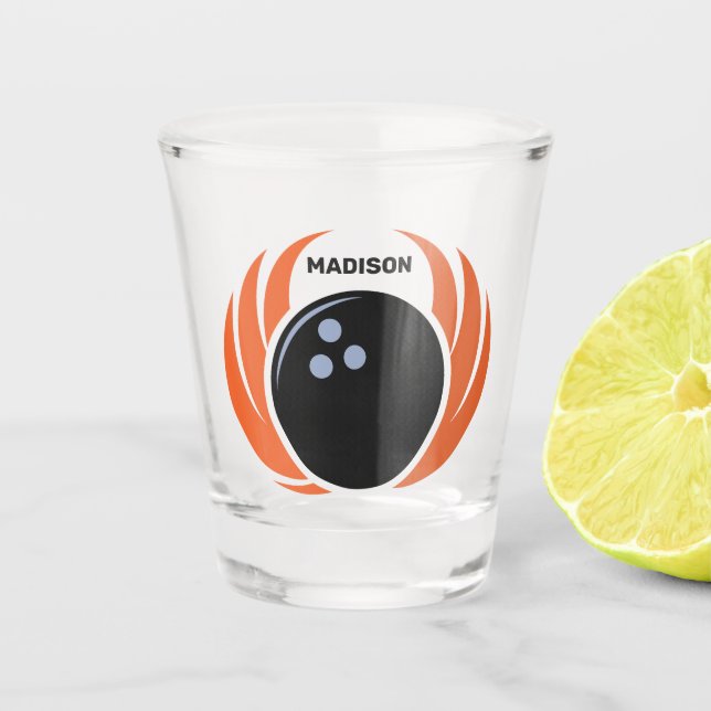 Vaso De Chupito Bola de bolos con nombre personalizado con llama (Anverso)