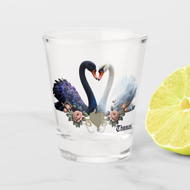 Vaso De Chupito Bono eterno, cisnes negros y blancos enamorados. (Anverso)