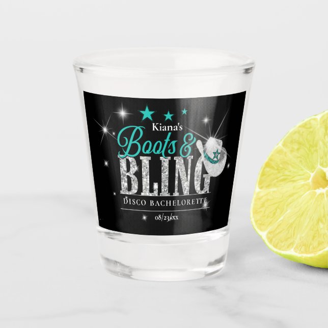 Vaso De Chupito Botas y Brillo Disco Despedida de Soltera Azul Tur (Anverso)