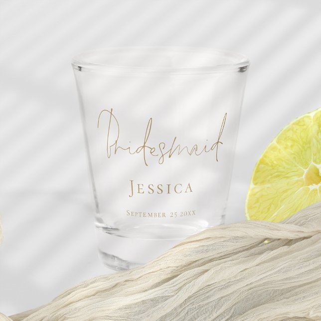 Vaso De Chupito Bridesmaid Gift Gold Script Nombre Boda Fecha (Bridesmaid gift shot glass with gold script. Part of a matching wedding collection)