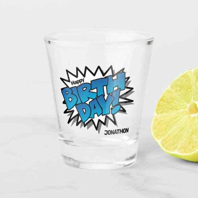 Vaso De Chupito Brillante Blue Comic Text - Feliz cumpleaños (Anverso)