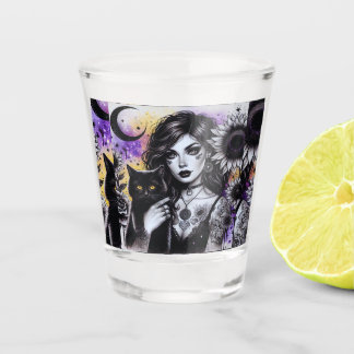 Vaso De Chupito Bruja gótica celestial y gato negro