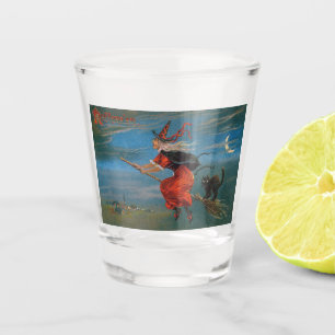 Vaso De Chupito Bruja volando con gato negro en la noche de Hallow