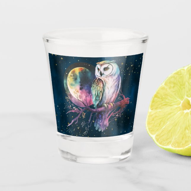 Vaso De Chupito Búho Arcoíris Místico y Celestial Luna Llena (Anverso)