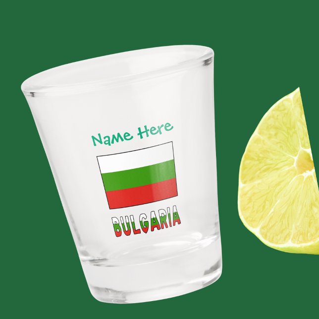 Vaso De Chupito Bulgaria Bandera búlgara personalizada (Bulgarian Flag on shot glass with word BULGARIA below in flag colors..Green text for name above.)