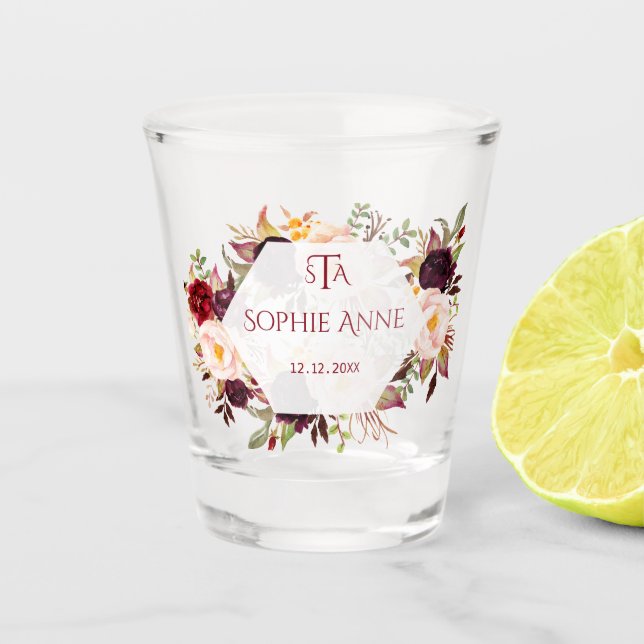 Vaso De Chupito Burgundy Marsala Monograma Geométrico Floral (Anverso)