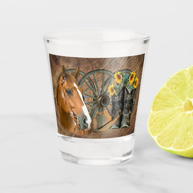 Vaso De Chupito Caballo Boots Rueda de vagón girasoles occidental (Anverso)