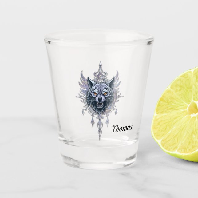 Vaso De Chupito Cabeza mística de lobo. (Anverso)