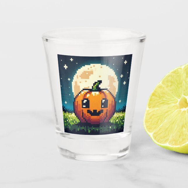 Vaso De Chupito Calabaza de Halloween de 8 bits bajo la luna (Anverso)