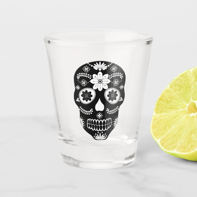 Vaso De Chupito Calavera De Azúcar Mexicana 2 Vidrio Blanco Y Negr (Anverso)