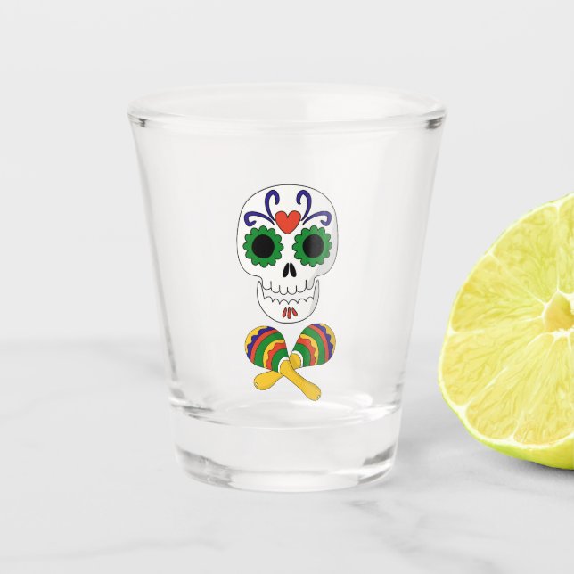 Vaso De Chupito Calavera de azúcar y Maracas Día de Muertos Fiesta (Anverso)