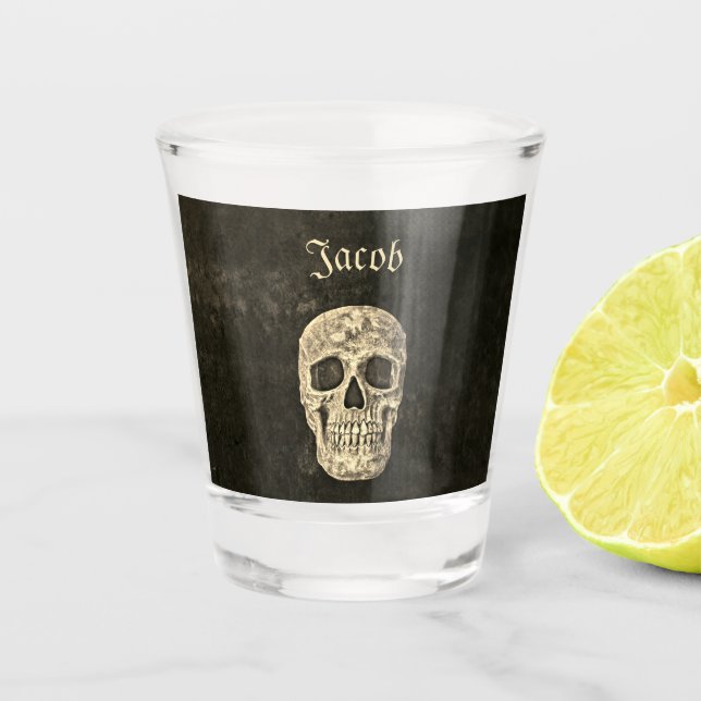Vaso De Chupito Calavera Humana Gótica Beige Textura Negra Grunge (Anverso)