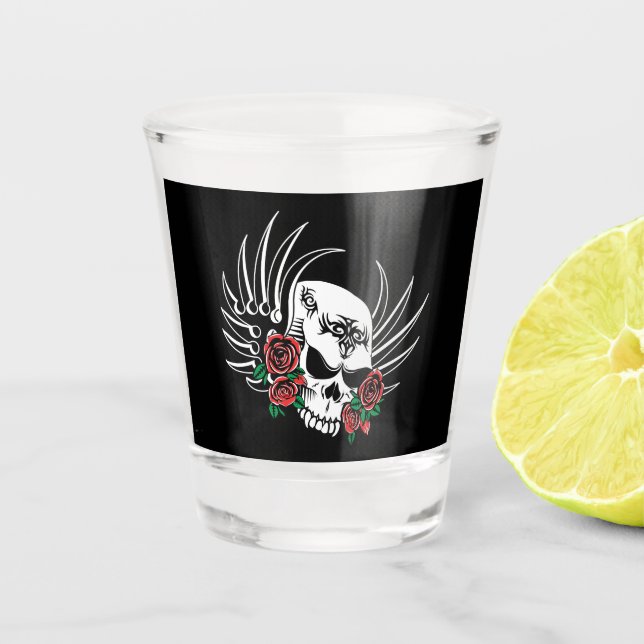 Vaso De Chupito Calavera tribal con Rosas (Anverso)
