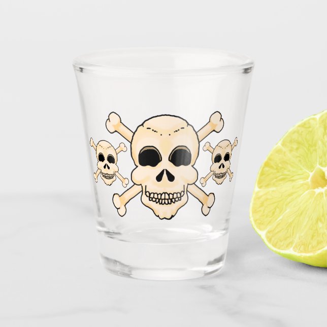 Vaso De Chupito Calavera y huesos cruzados de vidrio caliente (Anverso)