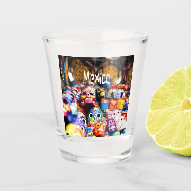 Vaso De Chupito Calaveras brillantes de color en México (Anverso)