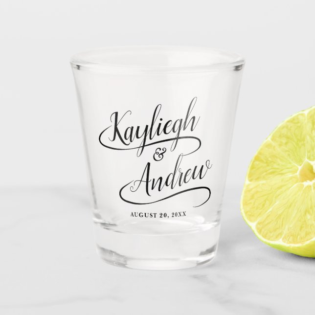 Vaso De Chupito Caligrafía manuscrita de boda Bride y Groom (Anverso)