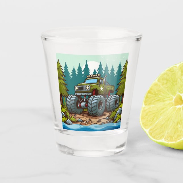 Vaso De Chupito Camión verde monstruo en el bosque (Anverso)