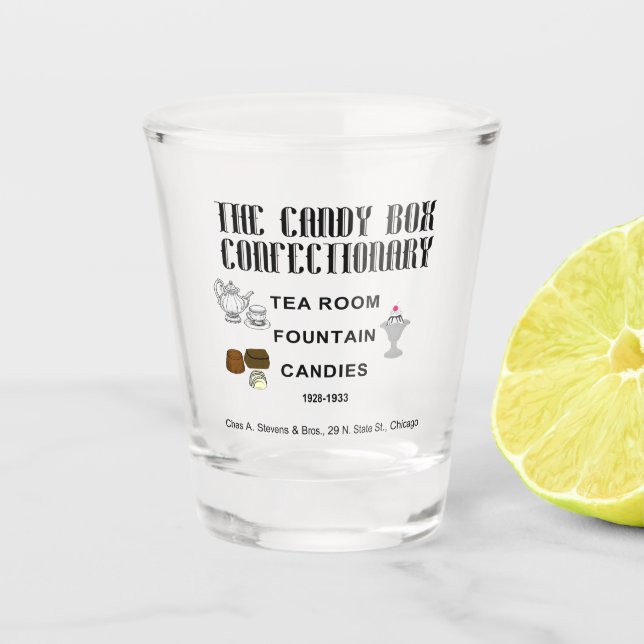 Vaso De Chupito Candy Box Confectionary, Chas A Stevens, Chicago (Anverso)