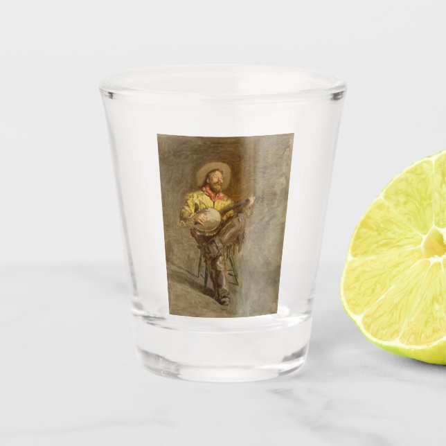 Vaso De Chupito Cantando Cowboy Español con Banjo Jugando Canción  (Anverso)