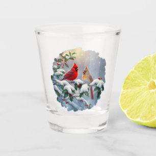 Vaso De Chupito Cardenales rojos y acebo en la nieve