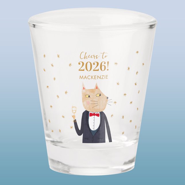 Vaso De Chupito Cat Cheers to 2026 New Year Personalized Name (Fun Cat in Tuxedo Suit personalized custom name and text Cheers to 2026 New Year shot glass)
