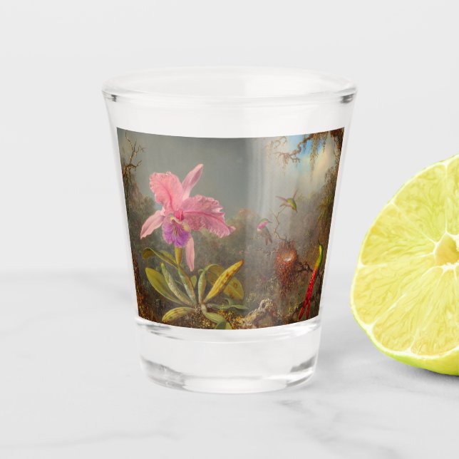 Vaso De Chupito Cattleya Orchid y tres Hummingbirds Heade (Anverso)