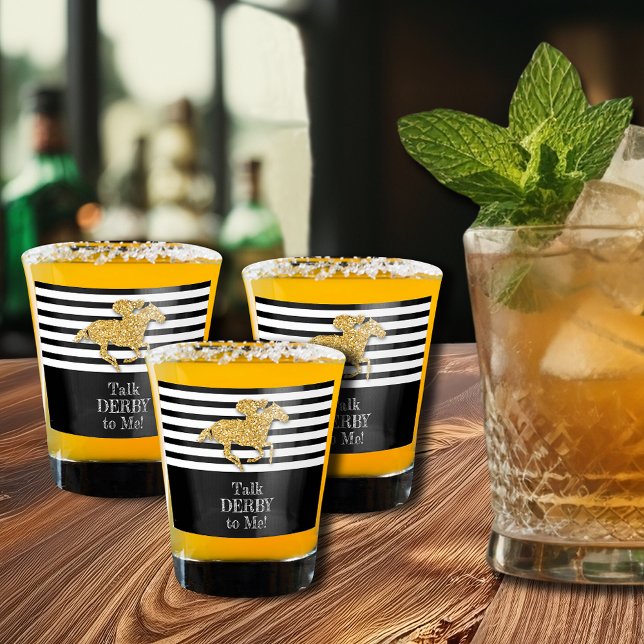 Vaso De Chupito Charla de caballos de carreras de oro derby para m (Talk Derby to Me gold racehorse on black and white stripes shot glass)
