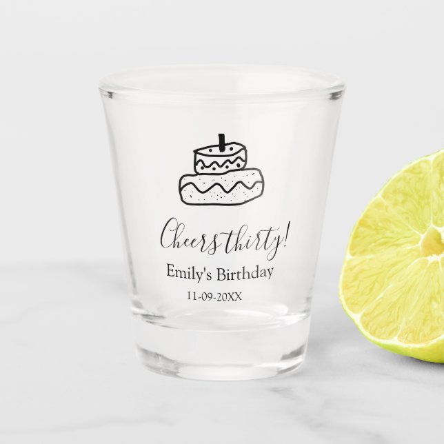 Vaso De Chupito Cheers thirty birthday cake black scribble hand (Anverso)