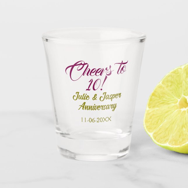 Vaso De Chupito Cheers to 10th wedding anniversary mauve golden na (Anverso)