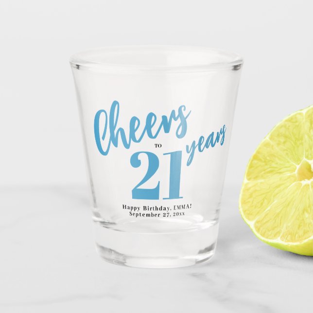 Vaso De Chupito Cheers to 21 years chic blue script 21st birthday (Anverso)