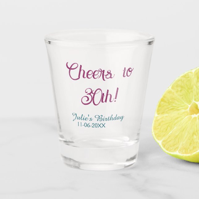 Vaso De Chupito Cheers to 30th birthday name date mauve blue elega (Anverso)