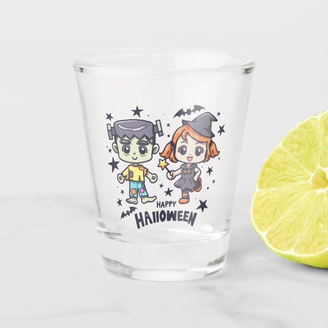 Vaso De Chupito Chica de brujas y niño zombi travieso (Anverso)