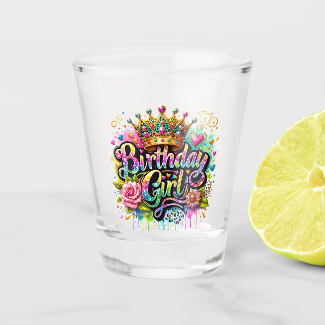 Vaso De Chupito Chica de cumpleaños real colorida (Anverso)