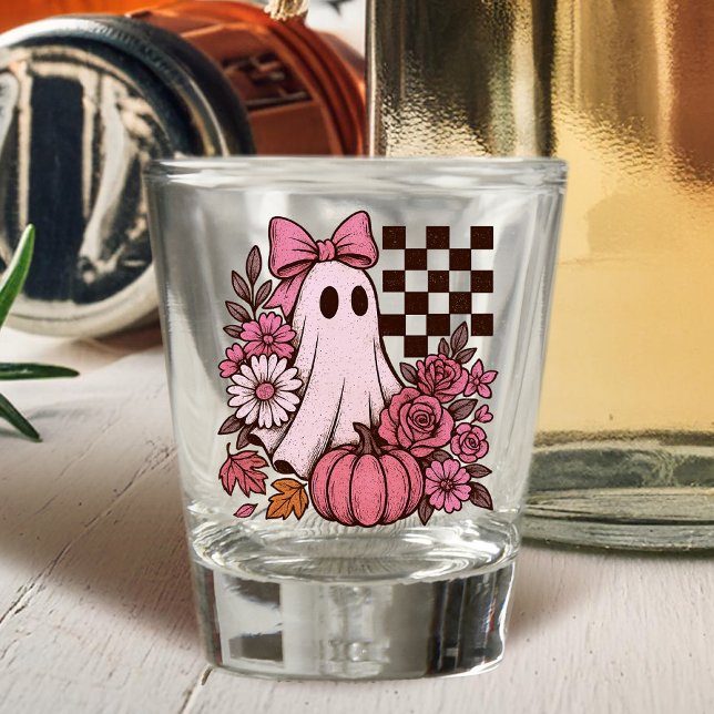 Vaso De Chupito Chica fantasma de coqueta rosa retro con Bow Hallo (This coquette ghost retro Halloween design combines floral sweetness with spooky spirit.)