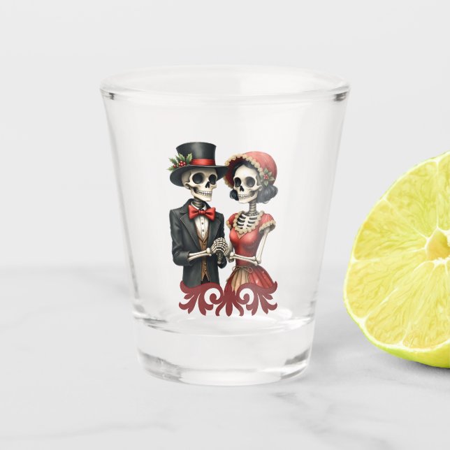 Vaso De Chupito Christmas Bone Romance, A festive skeleton couple. (Anverso)
