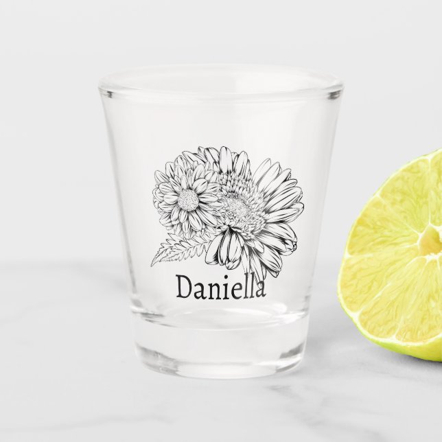 Vaso De Chupito Chrysanthemum Black Line Drawing with Your Name  (Anverso)