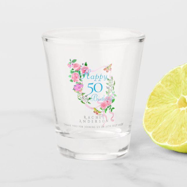 Vaso De Chupito Cinta de Rosa Rosa Cumpleaños 50 (Anverso)
