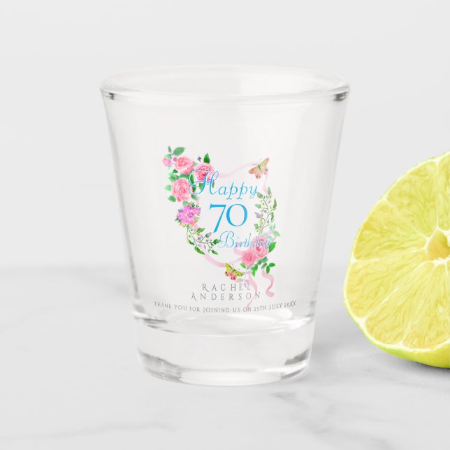 Vaso De Chupito Cinta de Rosa Rosa Cumpleaños 70 (Anverso)