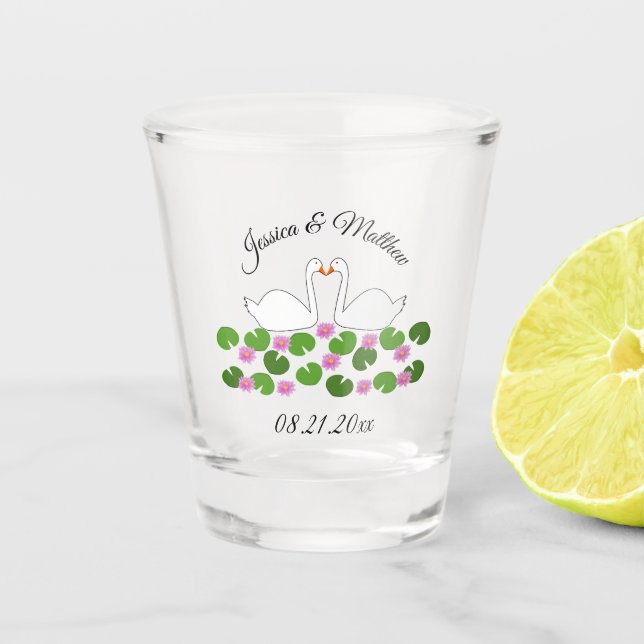 Vaso De Chupito Cisnes blancas y nenúfares Bodas Personalizado (Anverso)