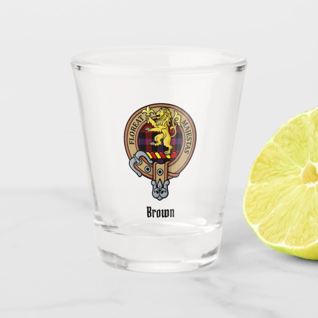 Vaso De Chupito Clan Brown Escudo sobre Tartán (Anverso)